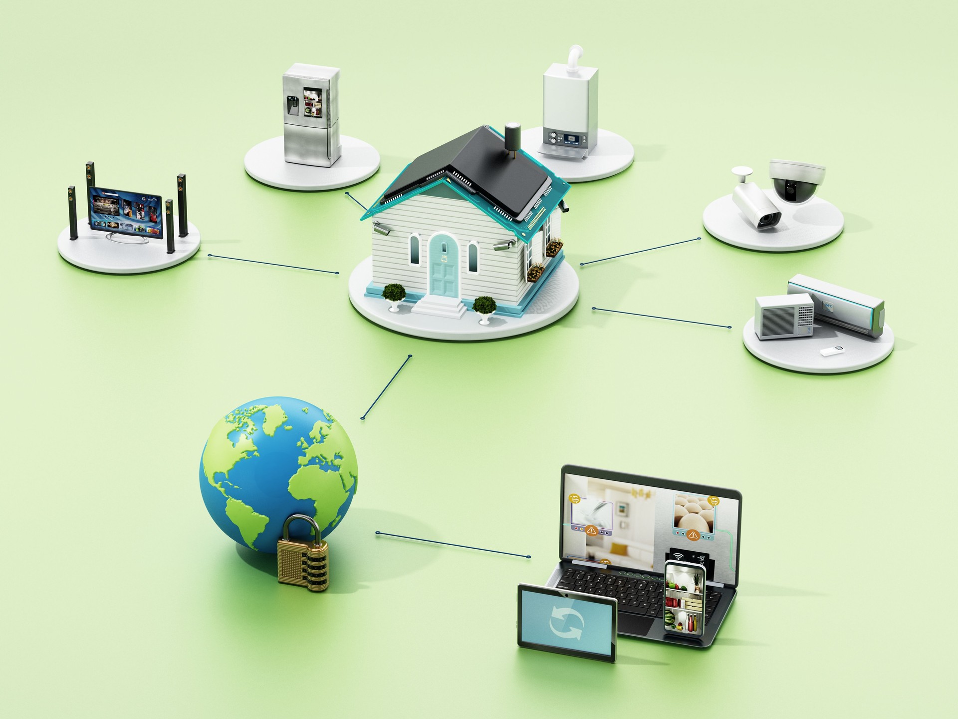 Network controlled smart house connected to TV set, smart fridge, boiler, CCTV cameras and air conditioner. Smart home concept.